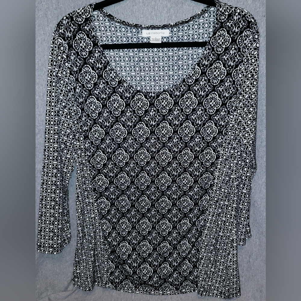 Liz Claiborne long sleeve black and white silky shirt, size women's Large